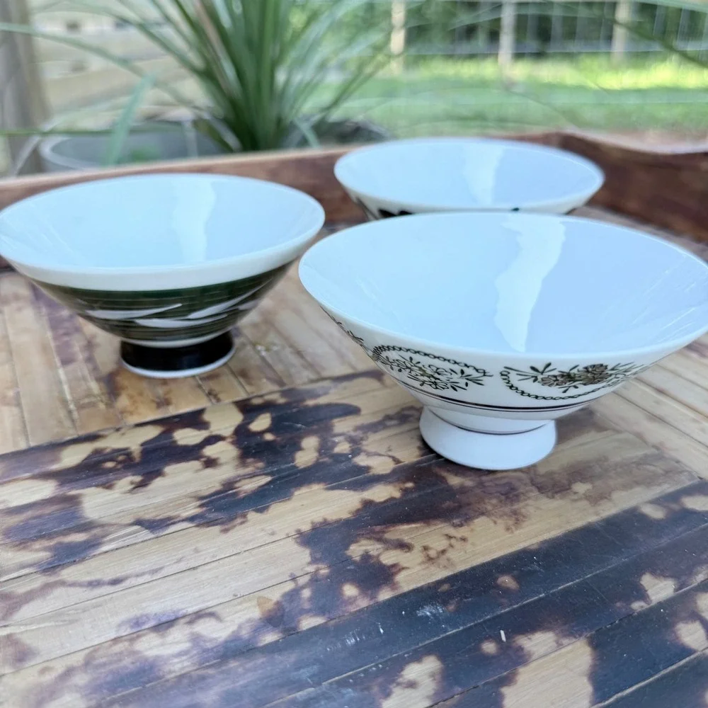 Assortment of 3 Japanese Rice Bowls Floral & Striped Patterns Hand-Painted Style